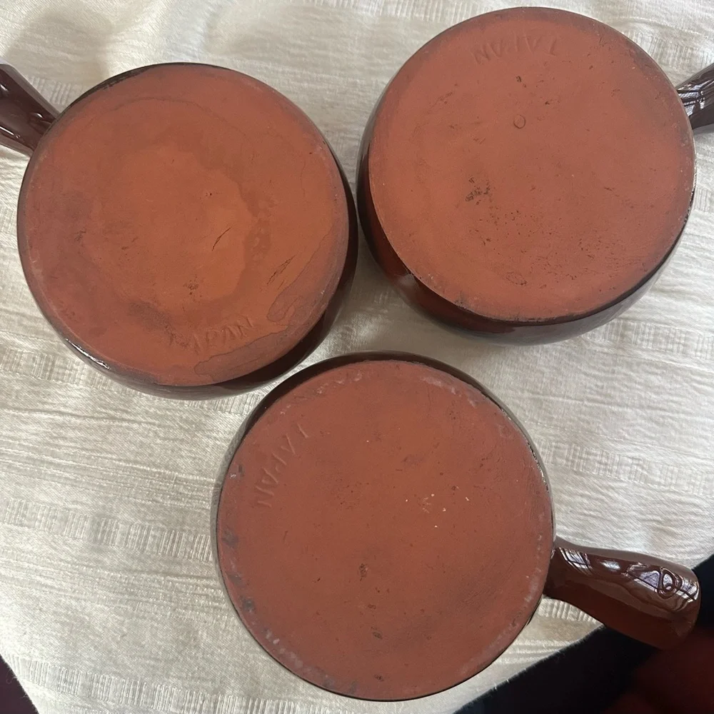 Vintage Japan French Onion Soup Bowls Set 3 Brown Drip Glaze Stoneware